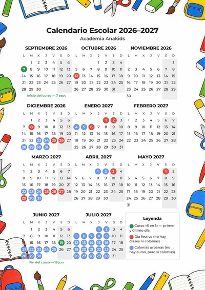 Calendario escolar 2026–2027 — Academia Anakids