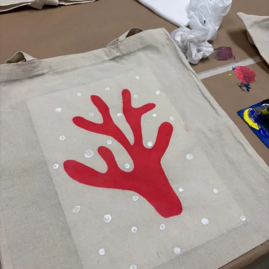 Bolsa de tela con un coral rojo pintado por los niños