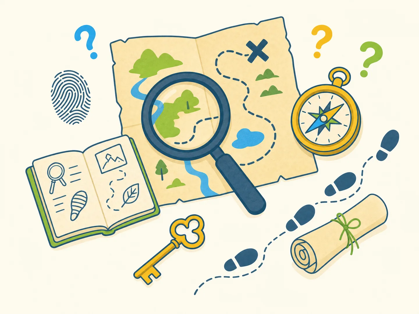 Ilustración de la semana Retos y Misterios: lupa, mapa, brújula y huellas