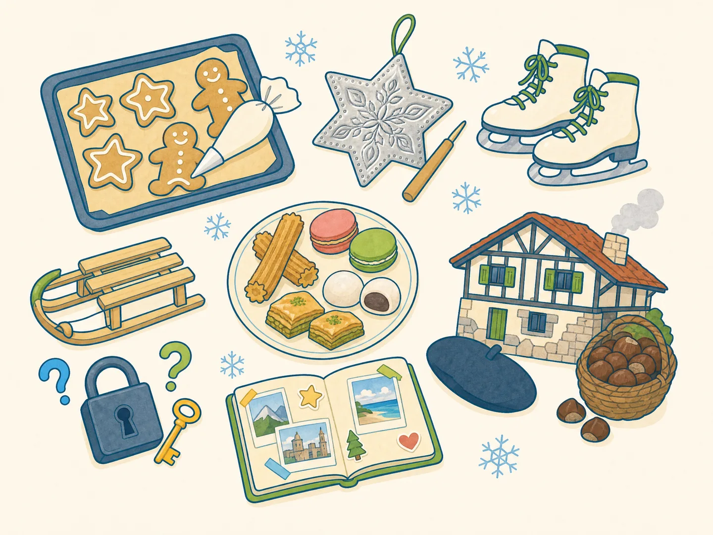 Ilustración de las colonias de Navidad: galletas de jengibre, patines, trineo, adornos y la casa de Olentzero